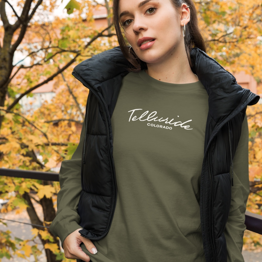 Unisex Telluride Long Sleeve T Shirt Telluride Colorado Mens and womens Shirts & Clothing long sleeve womens green