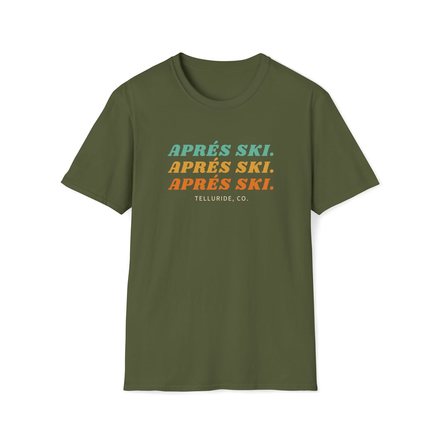 Green unisex tee with colorful "Apres Ski" writing and "Telluride, Co." text. The tee is made of soft, comfortable cotton and features a relaxed fit. It is perfect for a day on the slopes at Telluride Ski Resort, a night out on the town or after drinking and socializing after a day of skiing or snowboarding.