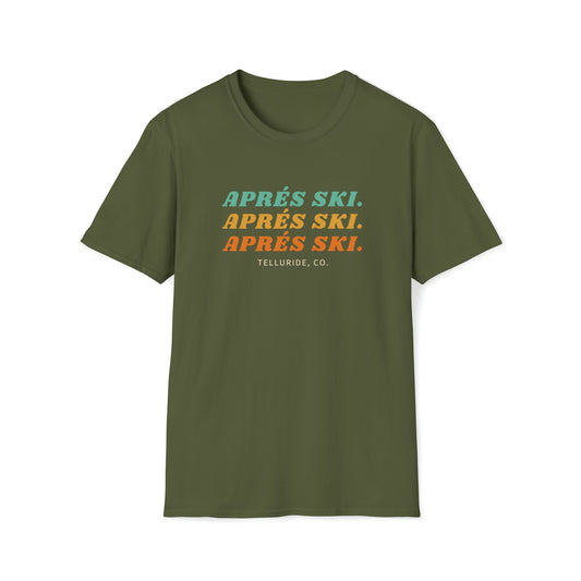 Green unisex tee with colorful "Apres Ski" writing and "Telluride, Co." text. The tee is made of soft, comfortable cotton and features a relaxed fit. It is perfect for a day on the slopes at Telluride Ski Resort, a night out on the town or after drinking and socializing after a day of skiing or snowboarding.