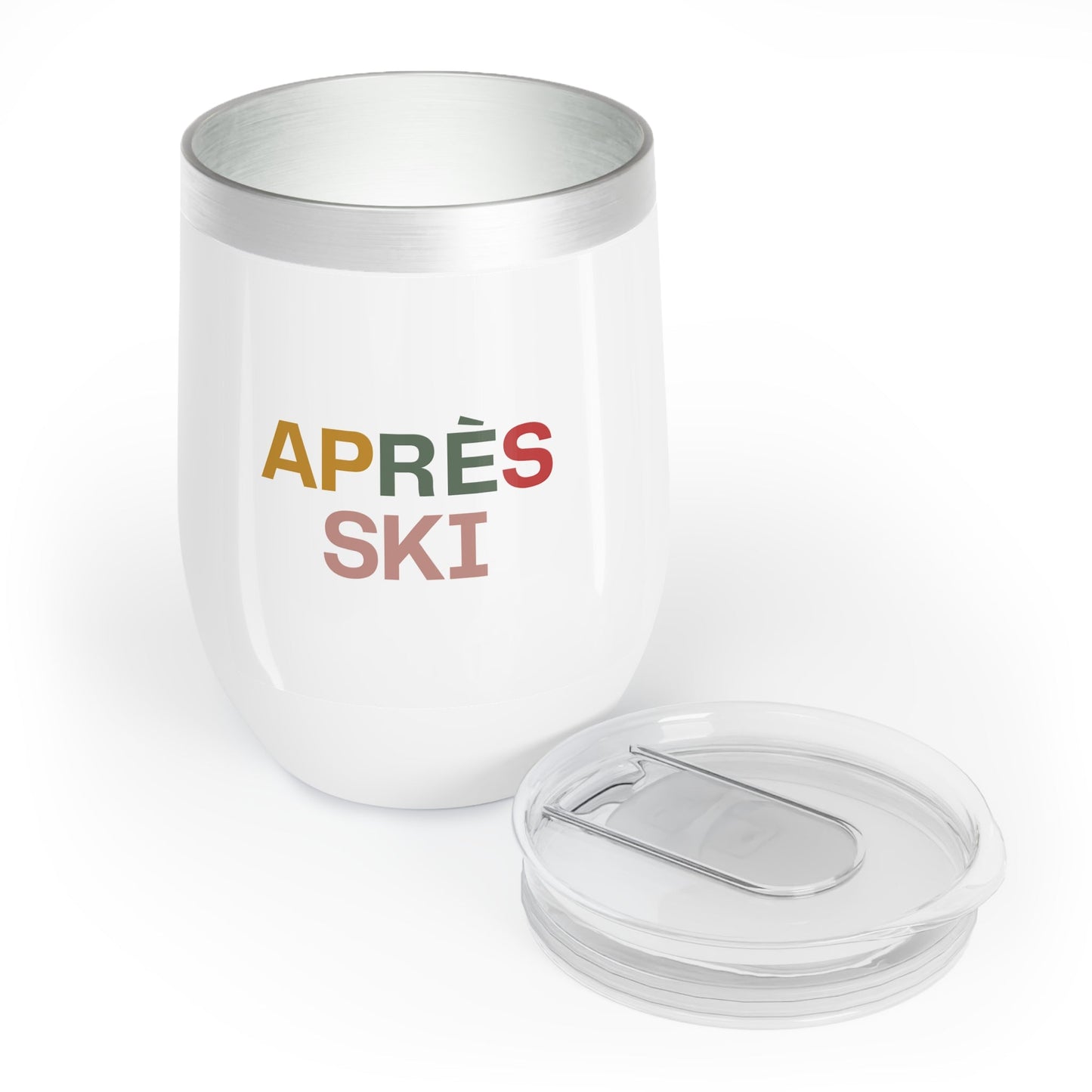 White wine tumbler with colorful "Apres Ski" writing. The tumbler is made of durable stainless steel and is perfect for keeping your wine chilled for hours while you’re drinking and socializing after a day of skiing or snowboarding. Enjoy your time at Telluride Ski Resort!