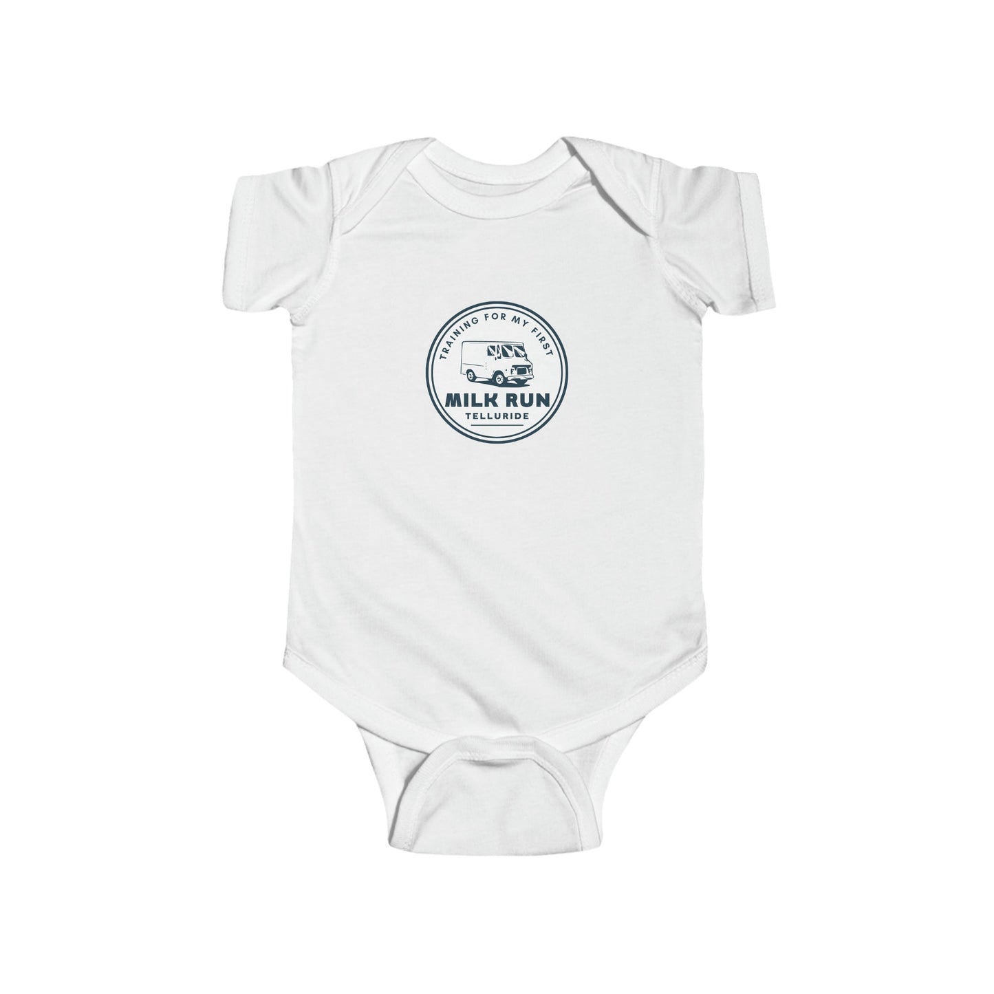 White infant bodysuit with navy circle print featuring a milk truck and black lettering saying "Training for my first Milk Run" and Telluride. The bodysuit is made of 100% cotton and is perfect for keeping your little one warm and an ode to your future skier or snowboarder and the Milk Run at Telluride Ski Resort. This bodysuit is a great way to show your support for the resort and the apres ski lifestyle, and it is also a cute and unique way to dress your little one for the slopes.