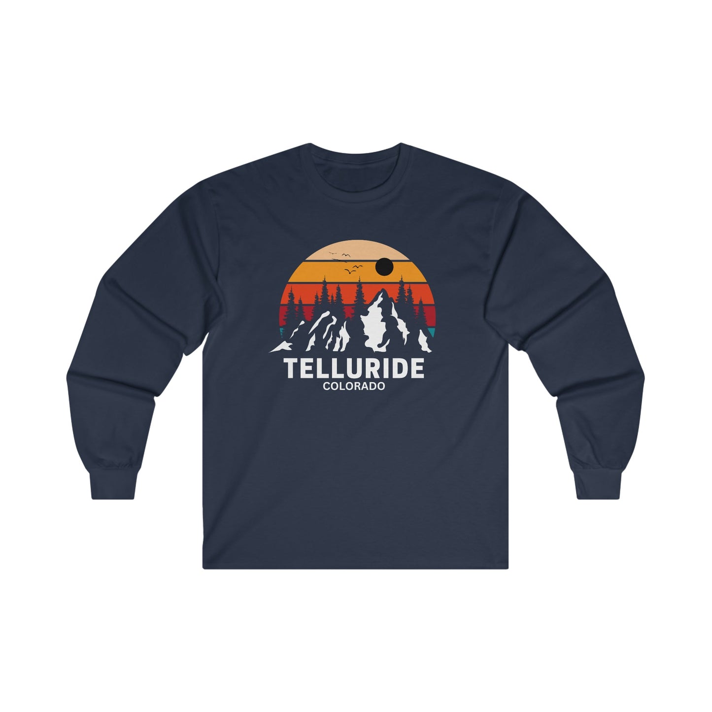 Long sleeve navy cotton unisex t-shirt with white lettering saying "Telluride Colorado". The t-shirt also has a colorful image of the mountains and a sunset in the background. The t-shirt is a stylish and comfortable way to show your love of skiing, hiking, and snowboarding at the Telluride Ski Resort.
