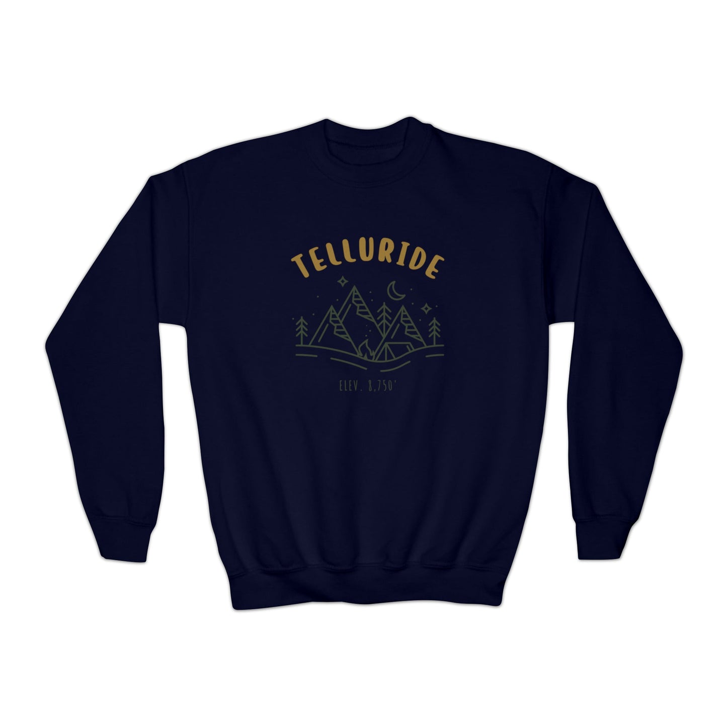 White youth crewneck sweatshirt with the word "Telluride" in gold lettering and a picture of the mountains with the words "Elev. 8,750'" in green. The sweatshirt is a stylish and comfortable way to show your love of skiing, snowboarding or hiking at the Telluride Ski Resort in Colorado.