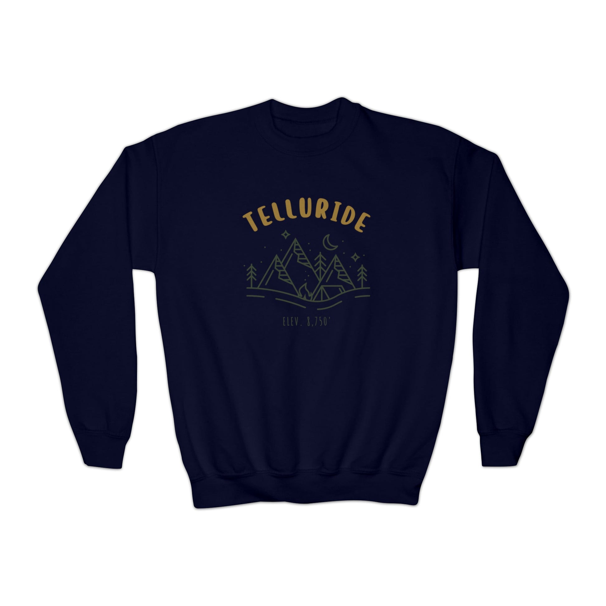 White youth crewneck sweatshirt with the word "Telluride" in gold lettering and a picture of the mountains with the words "Elev. 8,750'" in green. The sweatshirt is a stylish and comfortable way to show your love of skiing, snowboarding or hiking at the Telluride Ski Resort in Colorado.