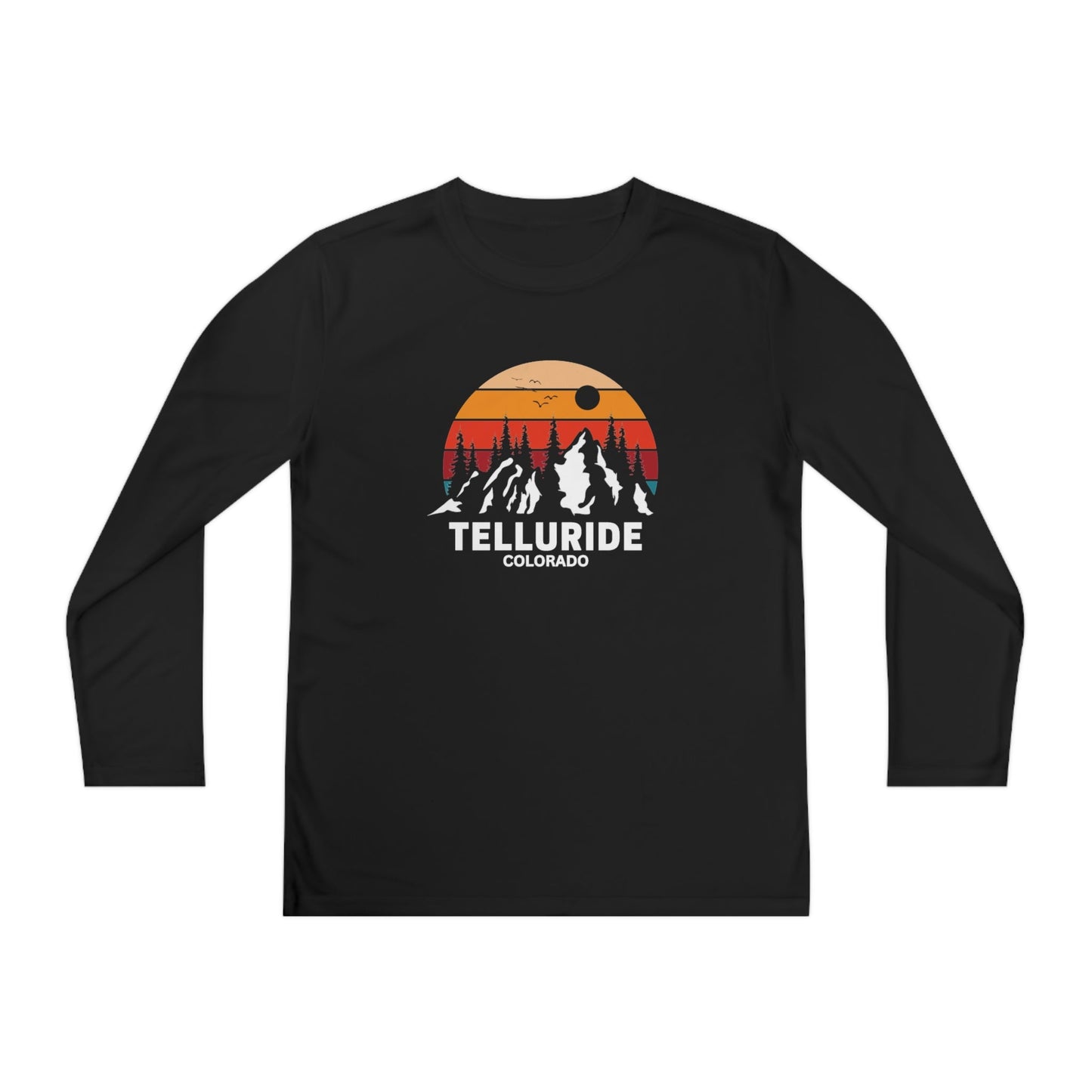 Black kids long-sleeve shirt with the words "Telluride Colorado" in white lettering and a picture of the mountains with a colorful sunset in the background. The shirt is a stylish and comfortable way to show your love of skiing, hiking or snowboarding at the Telluride Ski Resort.
