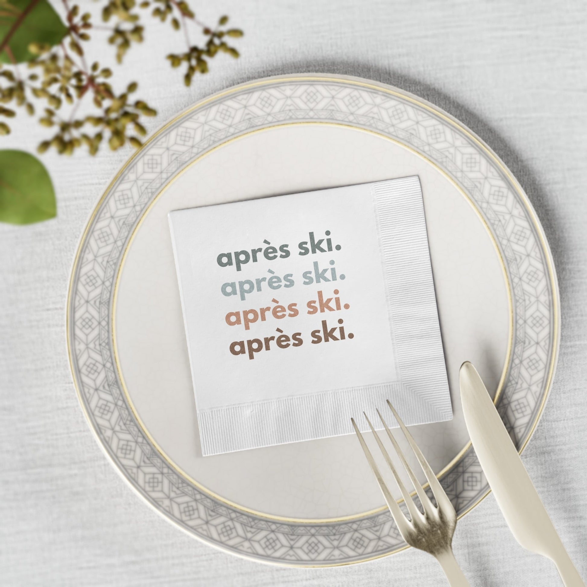 White cocktail napkins with stacked colorful lettering spelling out "Apres Ski". The napkins are made of soft, absorbent paper and are perfect for use at parties, events, or just for everyday use. These napkins are a great way to show your enjoyment while at the Telluride Ski Resort, the apres ski lifestyle and after a long day of skiing or snowboarding.