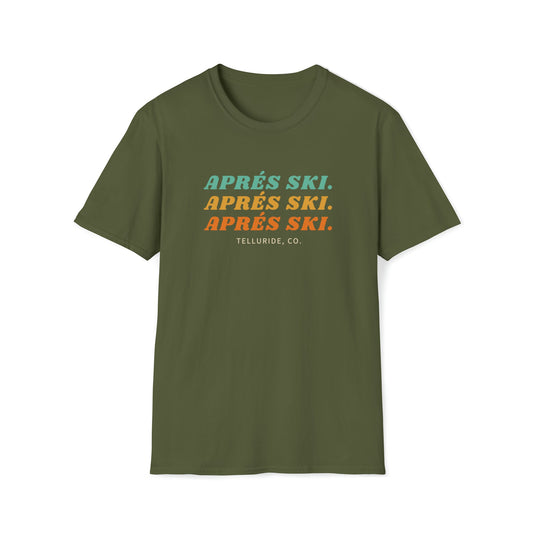 Green unisex tee with colorful "Apres Ski" writing and "Telluride, Co." text. The tee is made of soft, comfortable cotton and features a relaxed fit. It is perfect for a day on the slopes at Telluride Ski Resort, a night out on the town or after drinking and socializing after a day of skiing or snowboarding. 
