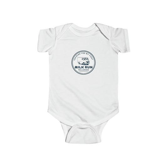 White infant bodysuit with navy circle print featuring a milk truck and black lettering saying "Training for my first Milk Run" and Telluride. The bodysuit is made of 100% cotton and is perfect for keeping your little one warm and an ode to your future skier or snowboarder and the Milk Run at Telluride Ski Resort.  This bodysuit is a great way to show your support for the resort and the apres ski lifestyle, and it is also a cute and unique way to dress your little one for the slopes.