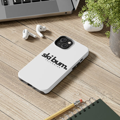 White Apple cell phone case with black lettering saying "Ski Bum" and Telluride. The case is perfect for protecting your phone while you're skiing or snowboarding. The phrase "Ski Bum" is a popular term for someone who loves to ski or snowboard and who lives or spends a lot of time in a ski resort town. The word "Telluride" is the name of a popular town and home to the Telluride Ski Resort in Colorado. 