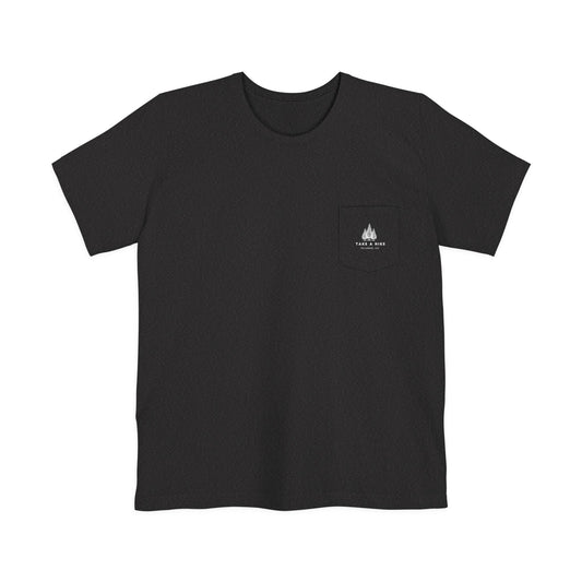 Black pocket tshirt with white lettering saying "Take A Hike" and Telluride, CO. The tshirt is made of 100% cotton and is perfect for a day of hiking or skiing. The phrase "Take A Hike" is a popular saying among hikers and skiers, and the words "Telluride, CO." represent the beauty of the Telluride Ski Resort. This tshirt is a great way to show your love of the outdoors and your love of Telluride, Colorado.