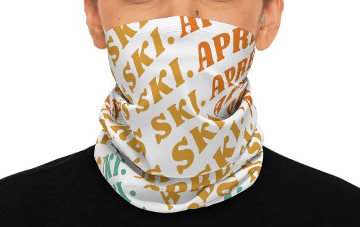 Winter neck gaiter with the words "Après Ski" printed in color on a white background. The neck gaiter is a stylish and practical way to keep your neck warm and protected from the elements while celebrating your love of skiing and the Telluride Ski Resort. The neck gaiter is a great way to show your love of Telluride and Colorado, whether you're skiing, snowboarding, or just relaxing in the mountains.