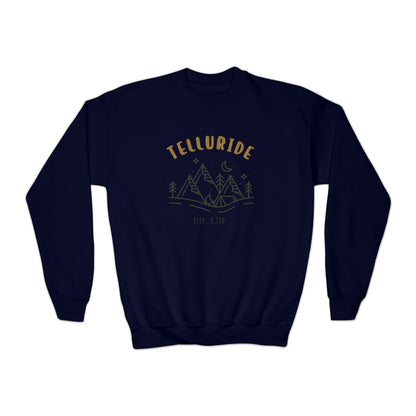 White youth crewneck sweatshirt with the word "Telluride" in gold lettering and a picture of the mountains with the words "Elev. 8,750'" in green. The sweatshirt is a stylish and comfortable way to show your love of skiing, snowboarding or hiking at the Telluride Ski Resort in Colorado.